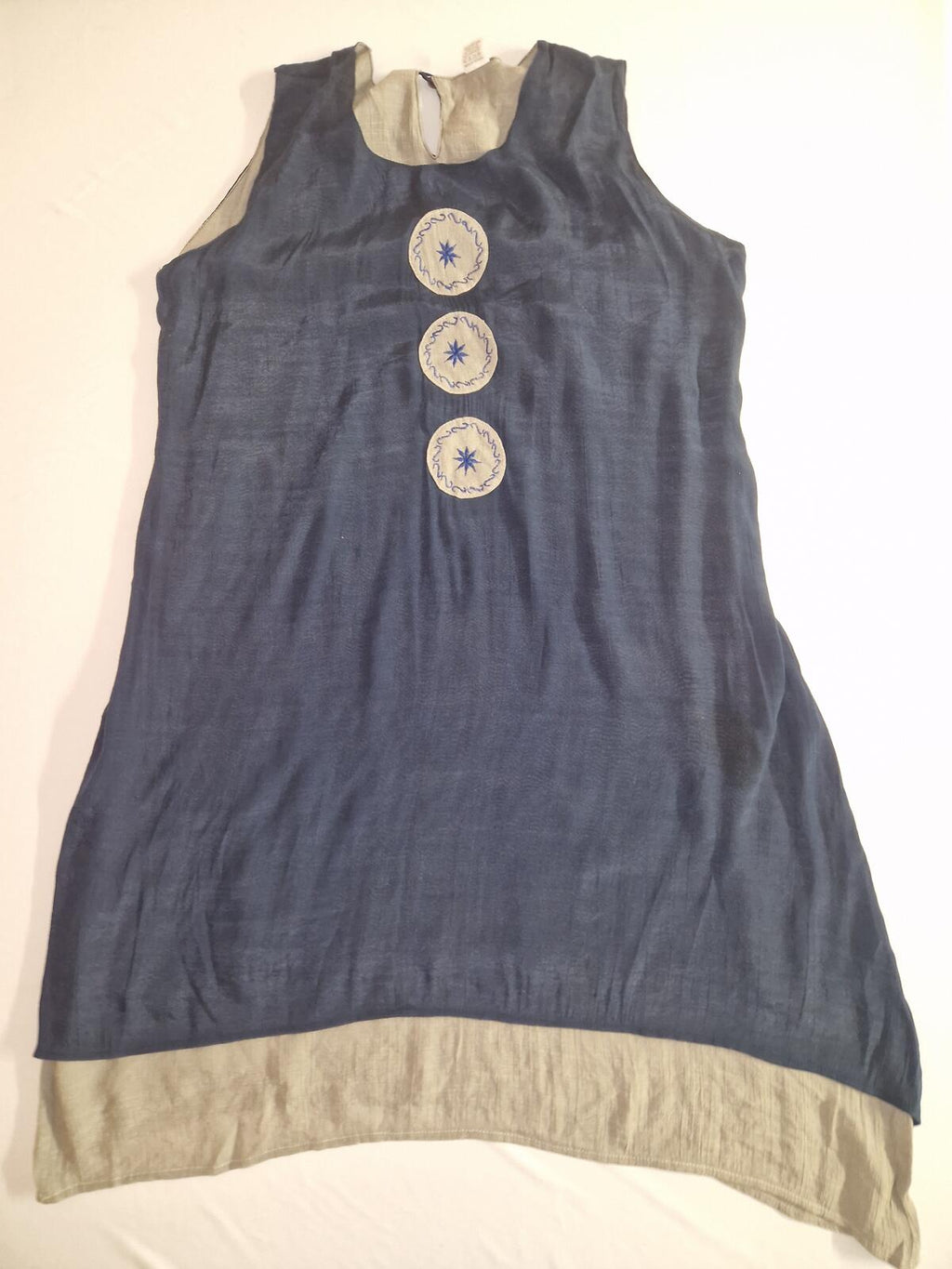 Vintage Blue and Beige Cotton Silk Blend Sleeveless Dress XL