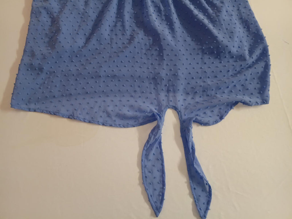Blue Swiss Dot Sheer Blouse with Tie Detail