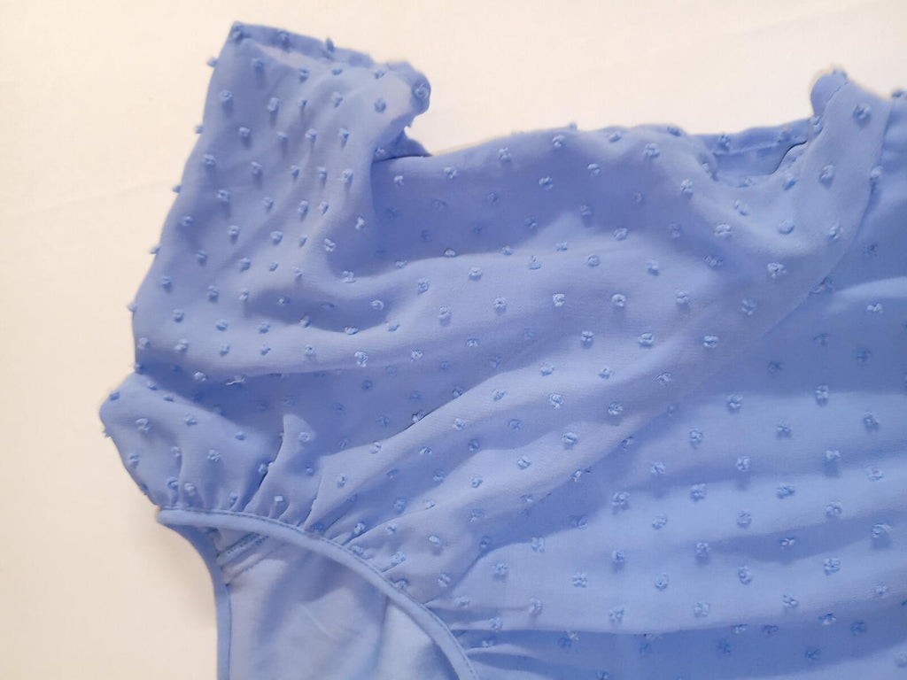 Blue Swiss Dot Sheer Blouse with Tie Detail